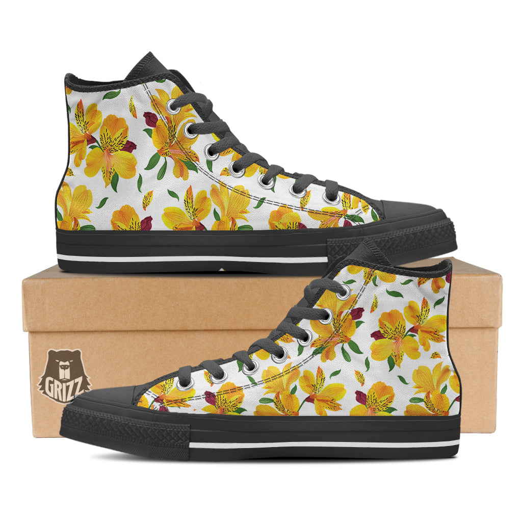 Alstroemeria Yellow Print Pattern Black High Top Shoes-grizzshop