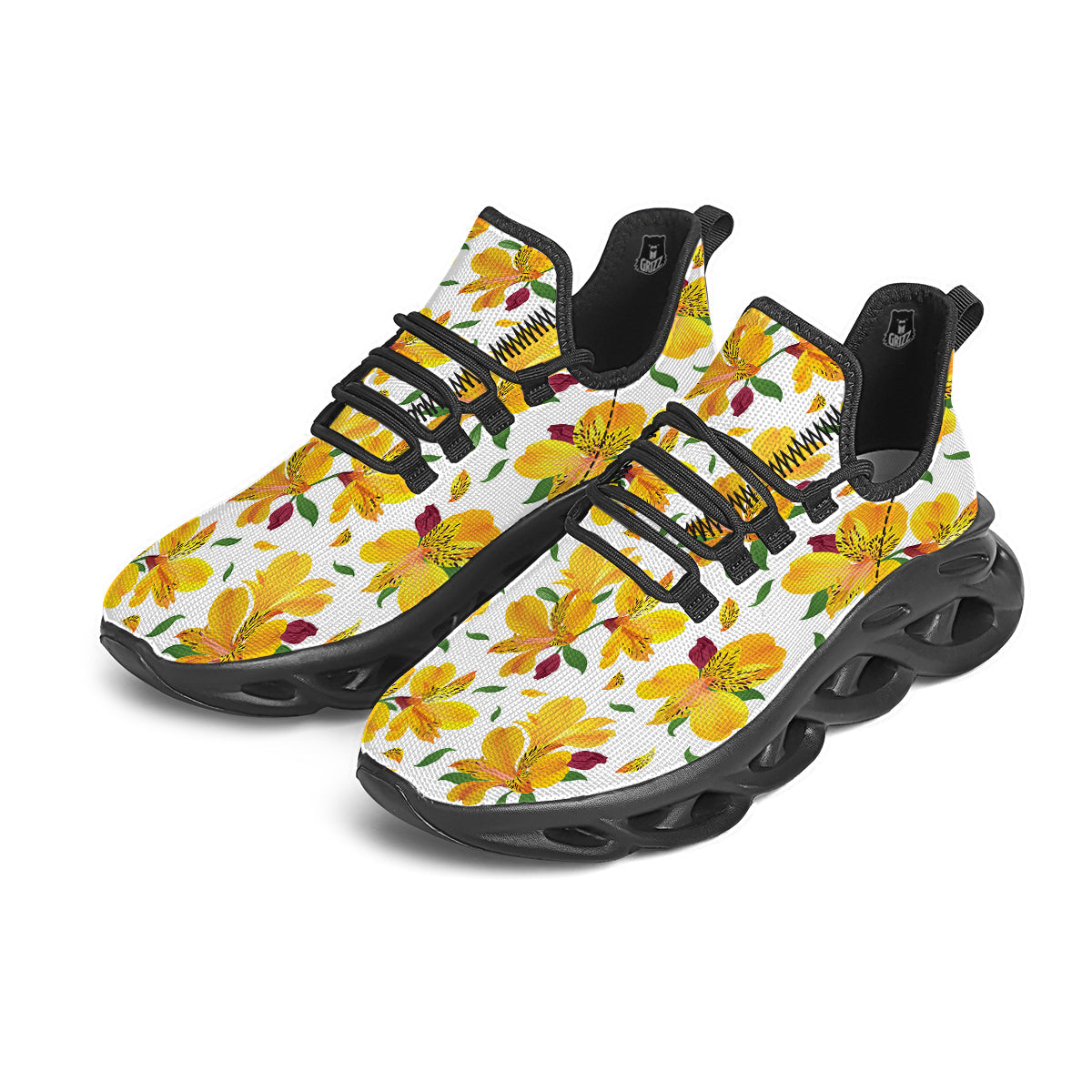 Alstroemeria Yellow Print Pattern Black Running Shoes-grizzshop
