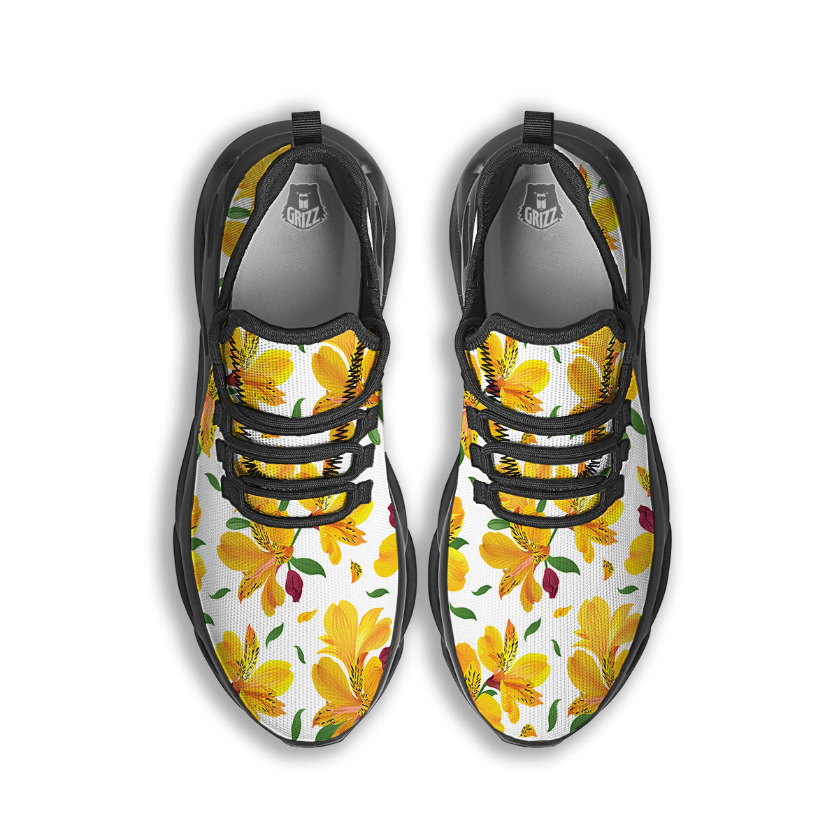 Alstroemeria Yellow Print Pattern Black Running Shoes-grizzshop