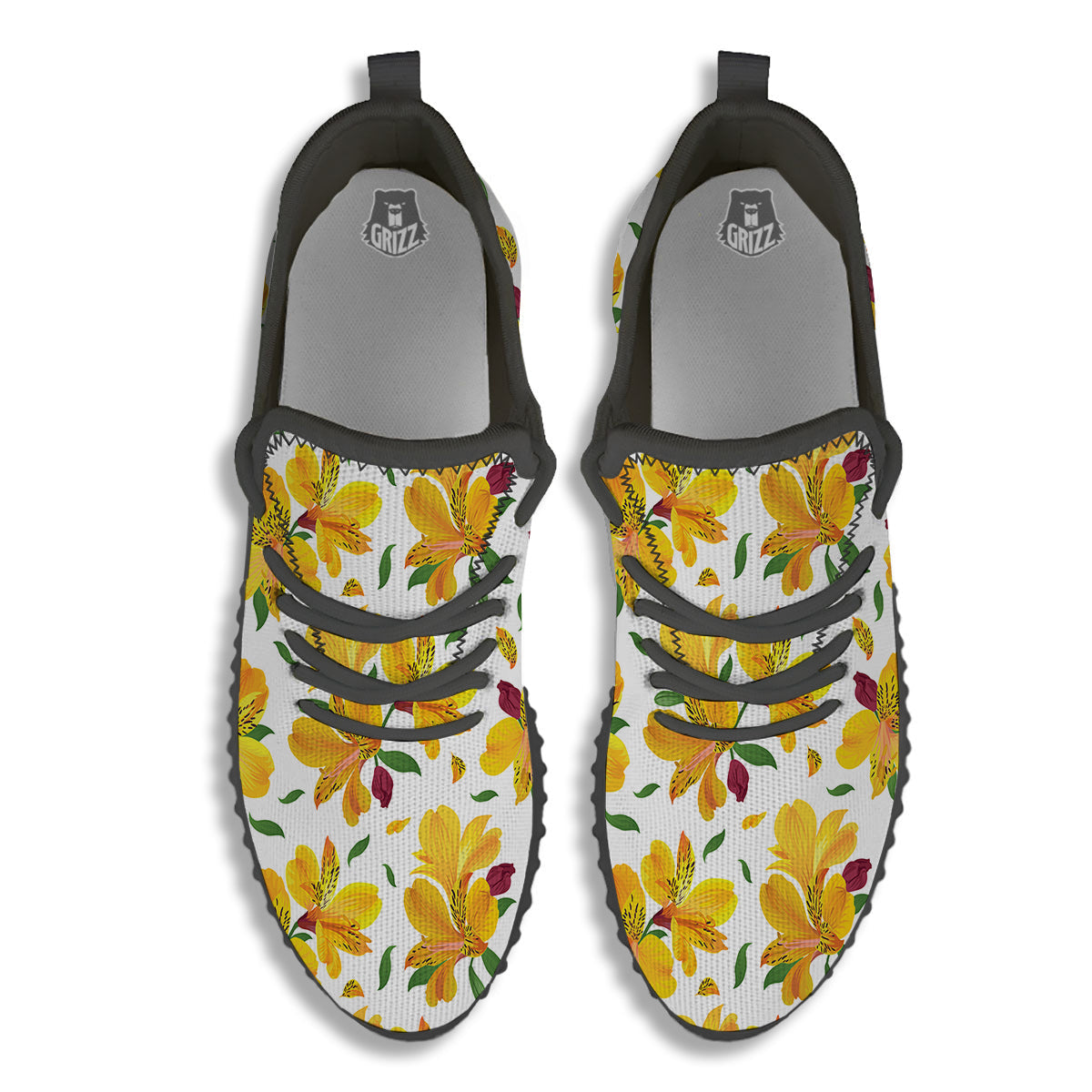 Alstroemeria Yellow Print Pattern Black Walking Shoes-grizzshop