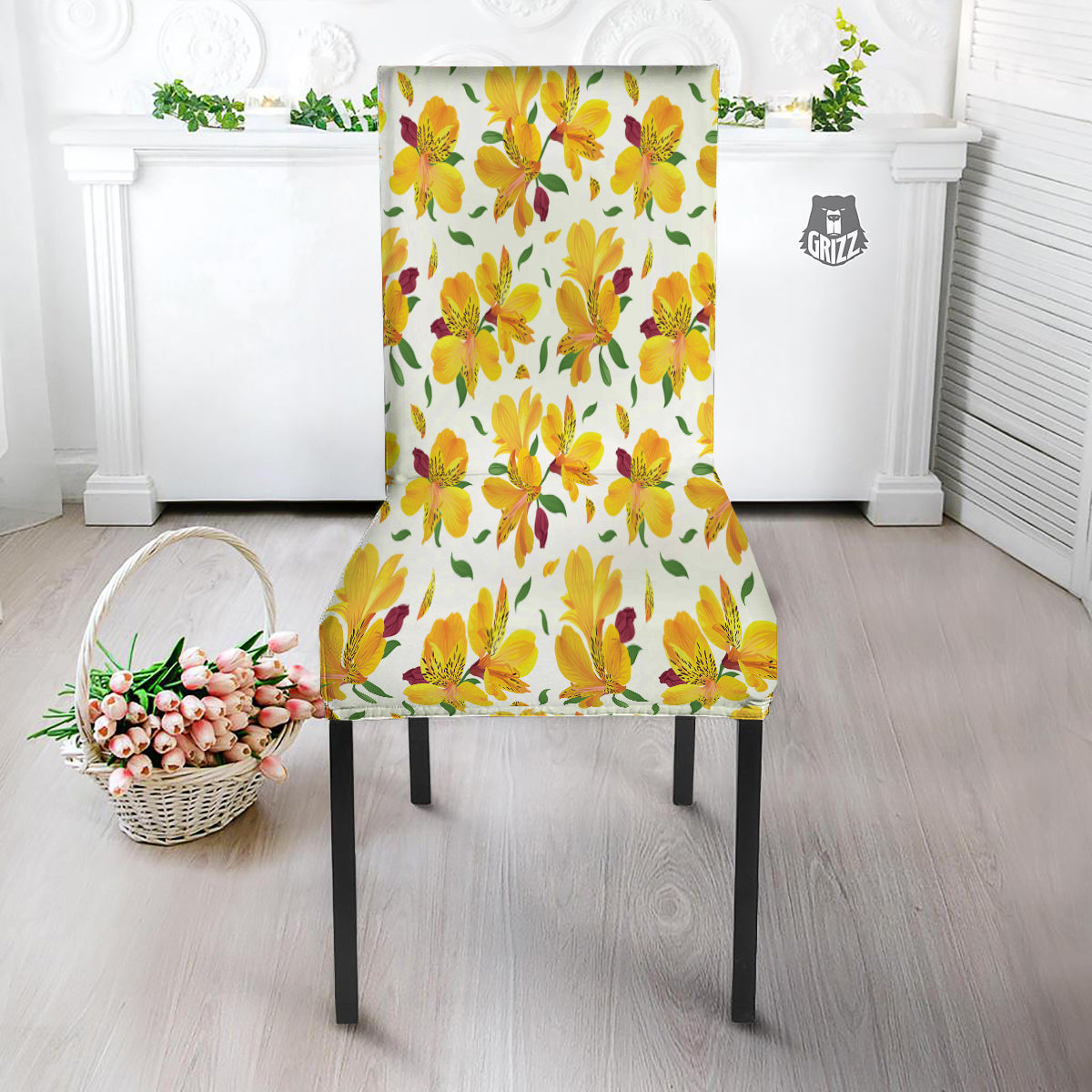 Alstroemeria Yellow Print Pattern Dining Chair Slipcover-grizzshop