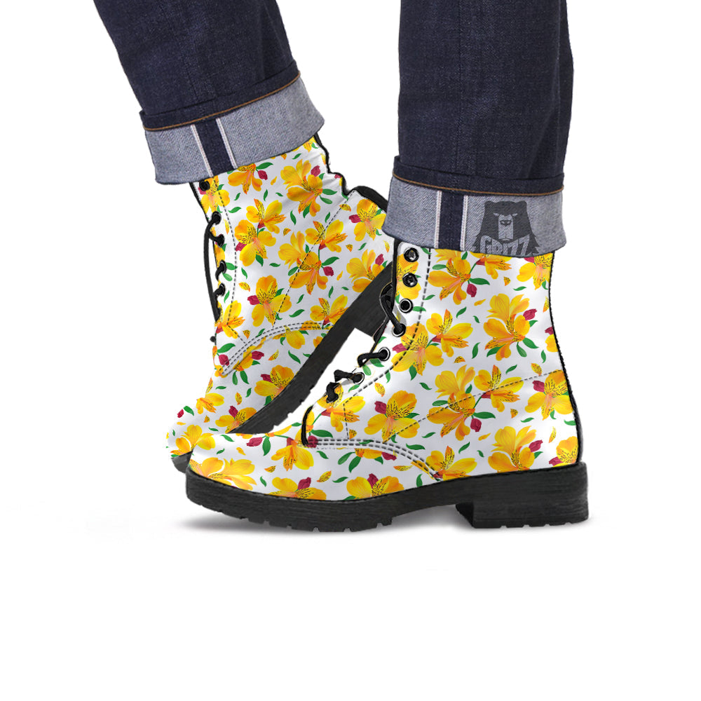 Alstroemeria Yellow Print Pattern Leather Boots-grizzshop