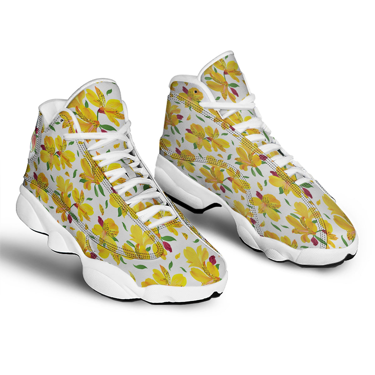 Alstroemeria Yellow Print Pattern White Basketball Shoes-grizzshop