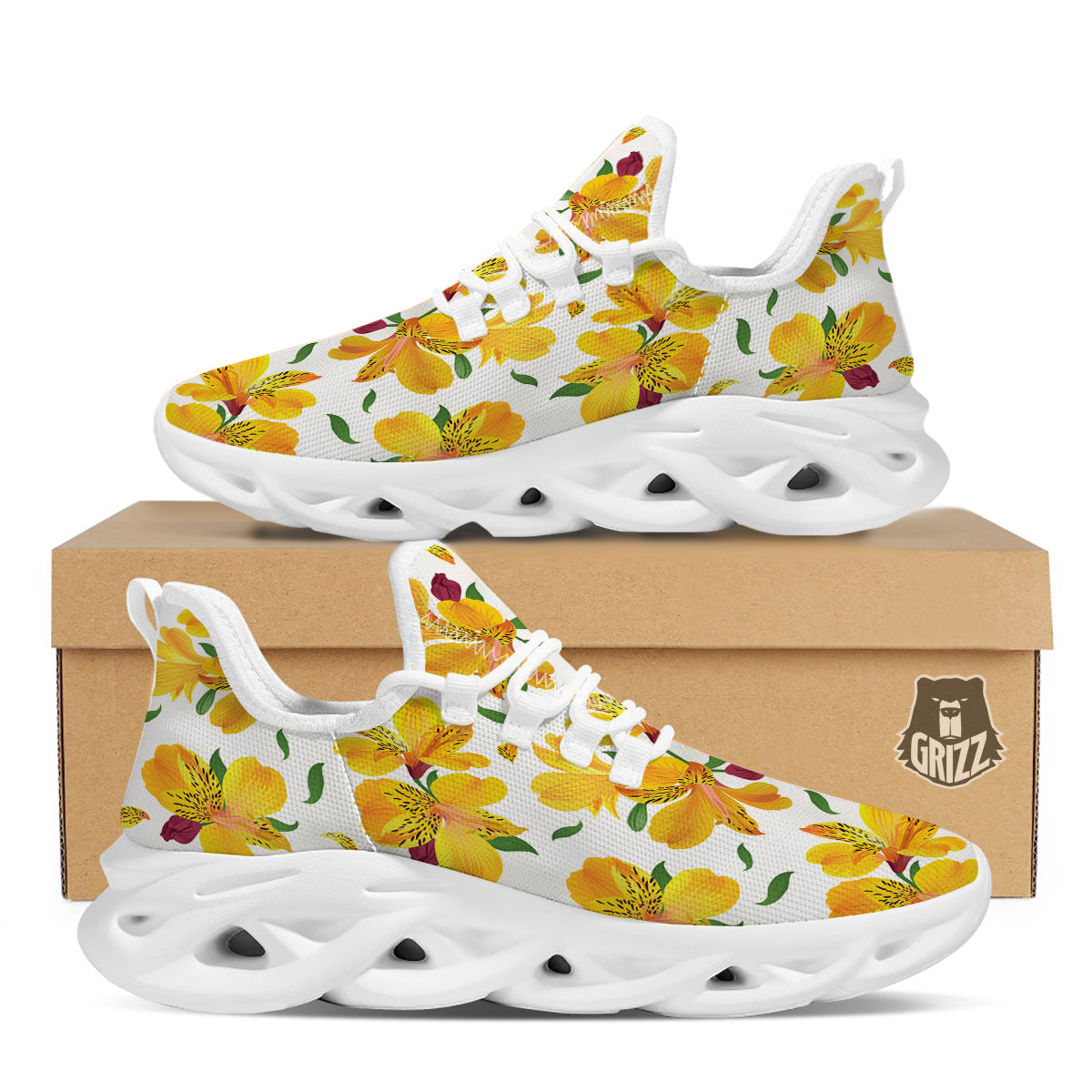 Alstroemeria Yellow Print Pattern White Running Shoes-grizzshop