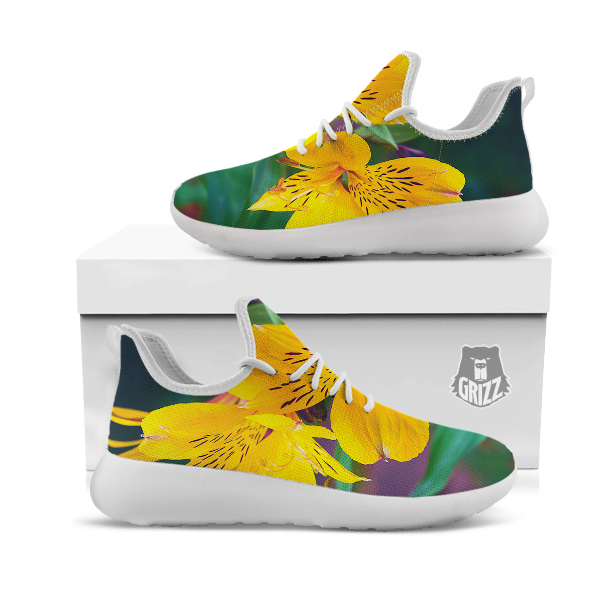 Alstroemeria Yellow Print White Athletic Shoes-grizzshop