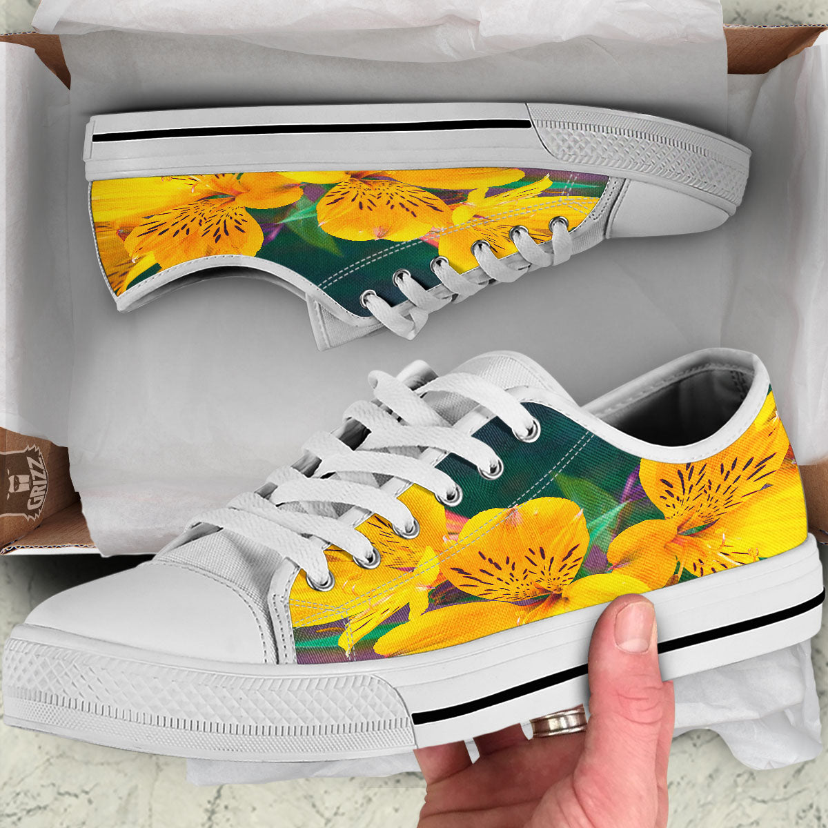 Alstroemeria Yellow Print White Low Top Shoes-grizzshop