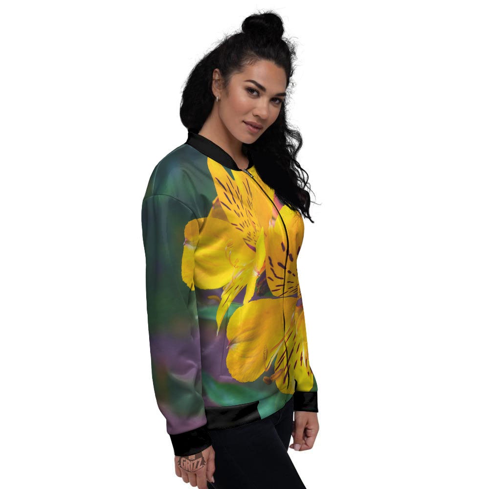 Alstroemeria Yellow Print Women's Bomber Jacket-grizzshop