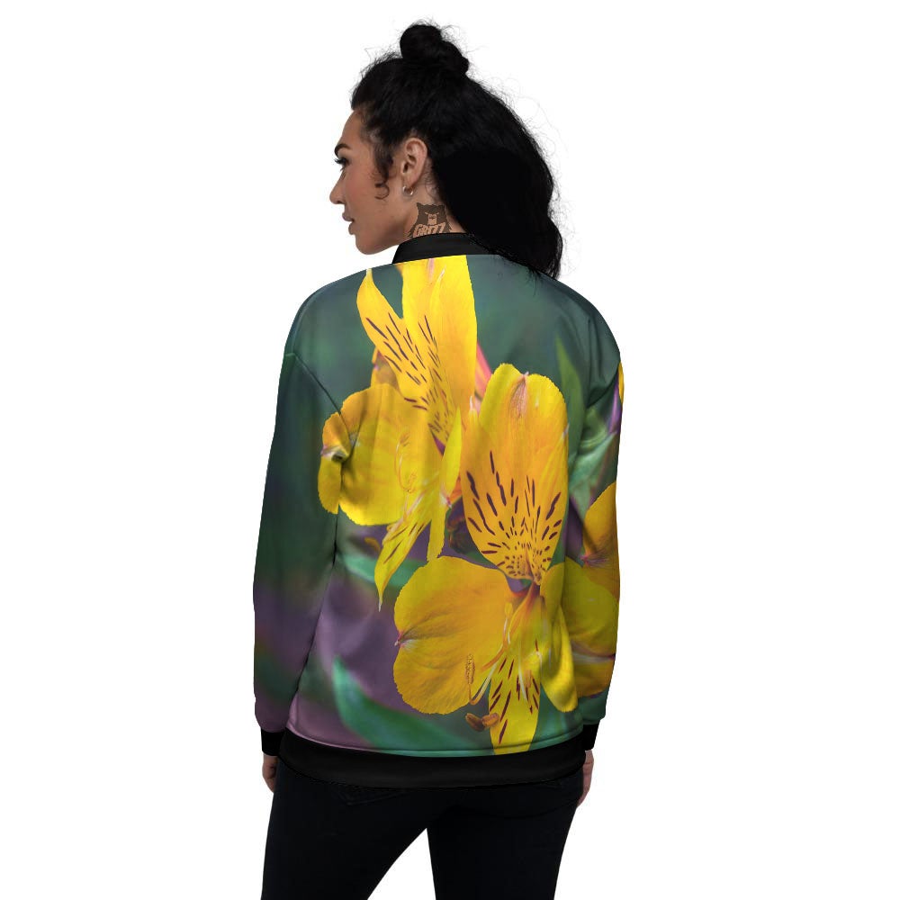 Alstroemeria Yellow Print Women's Bomber Jacket-grizzshop