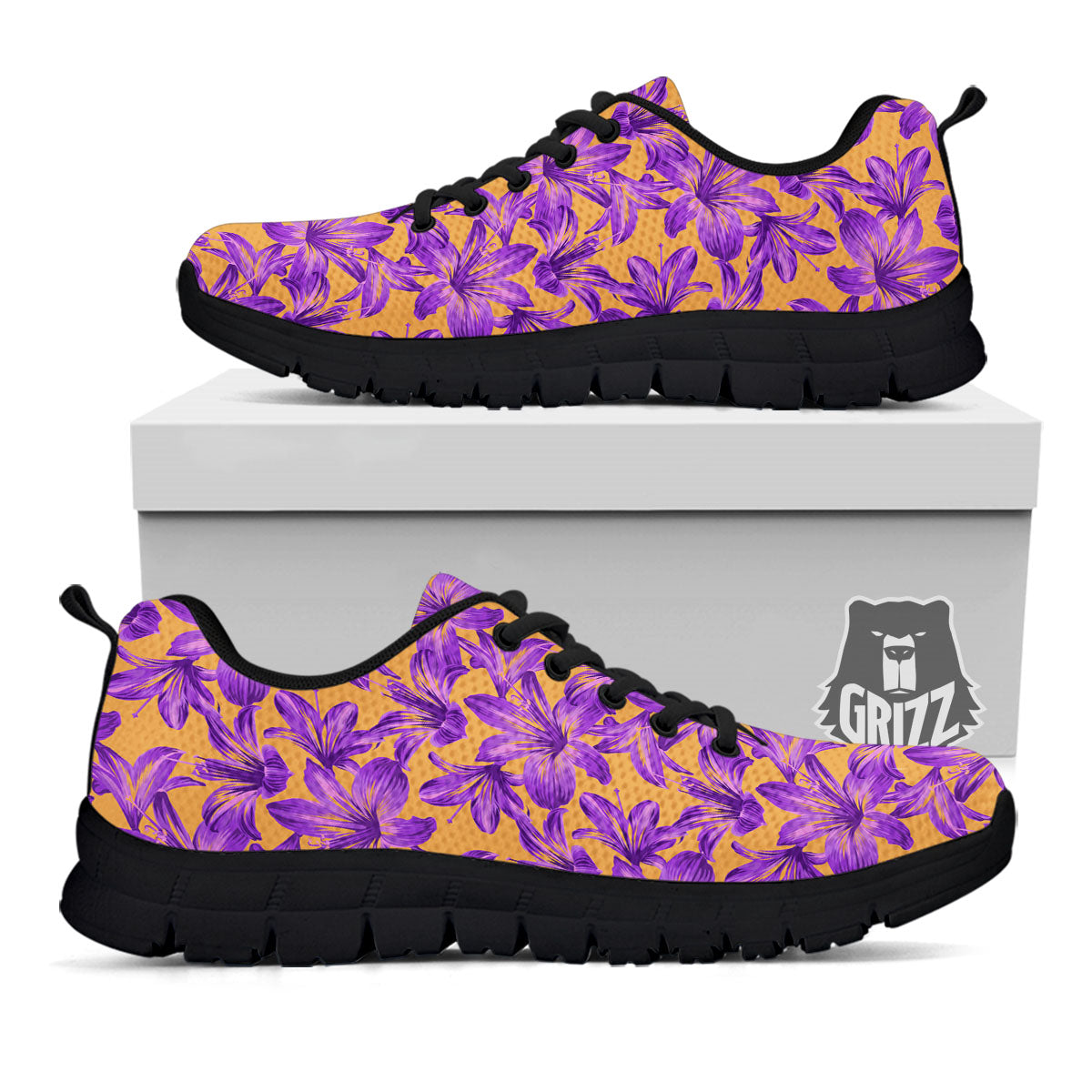 Amaryllis Japanese Purple Print Pattern Black Sneaker-grizzshop