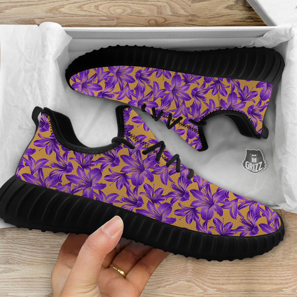 Amaryllis Japanese Purple Print Pattern Black Walking Shoes-grizzshop
