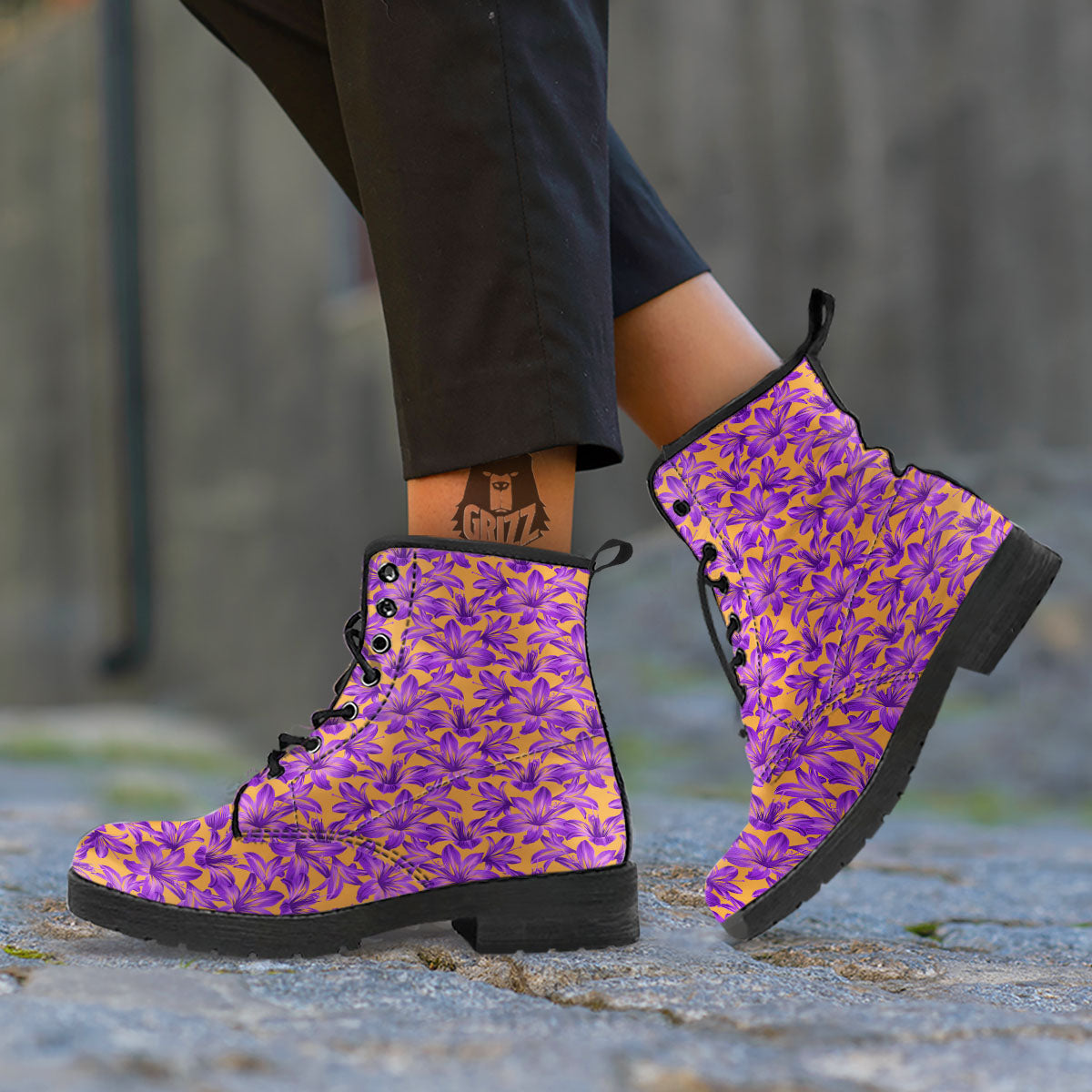 Amaryllis Japanese Purple Print Pattern Leather Boots-grizzshop