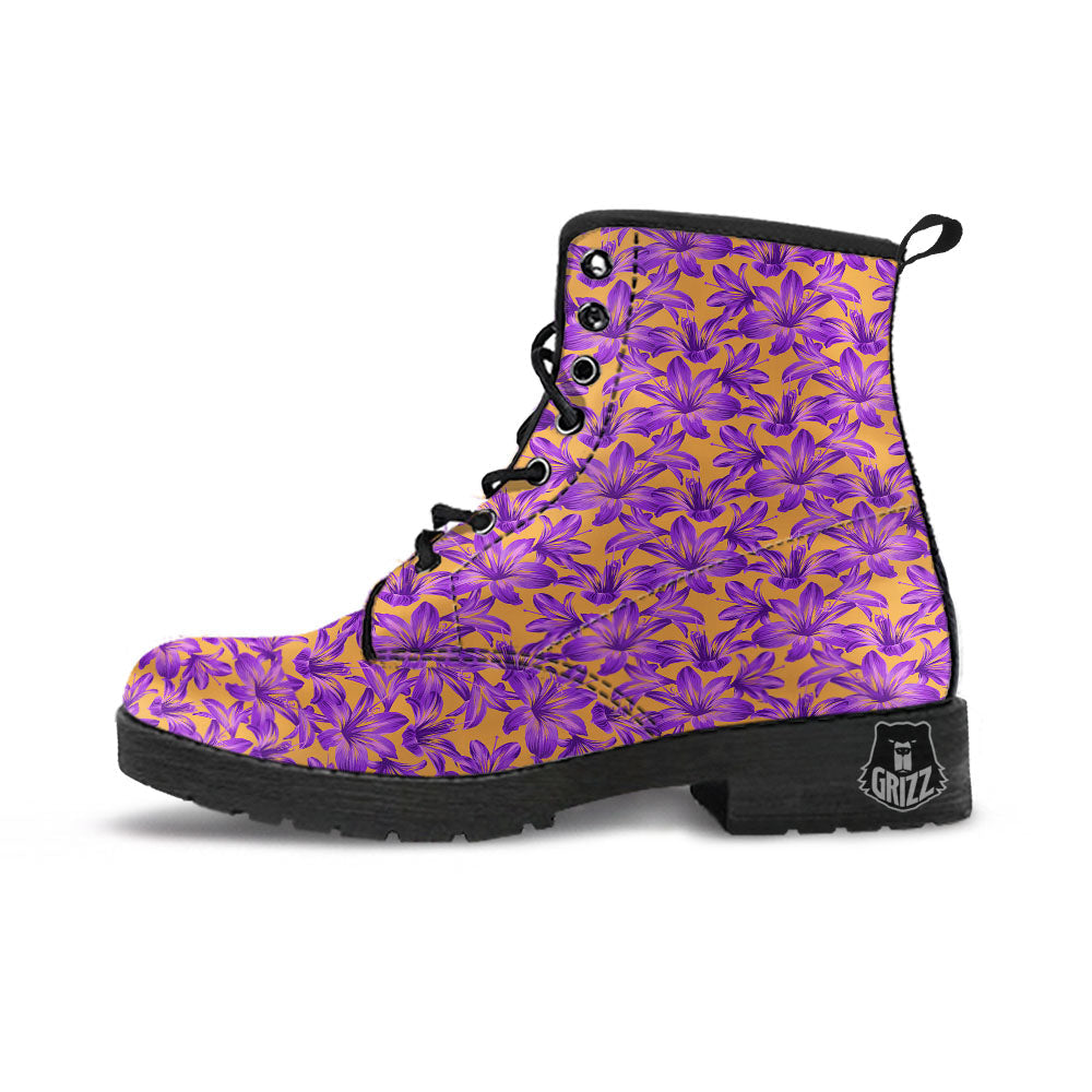 Amaryllis Japanese Purple Print Pattern Leather Boots-grizzshop