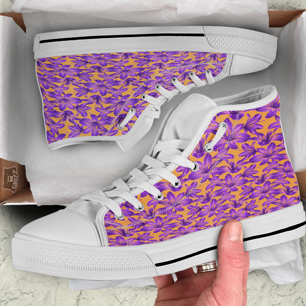 Amaryllis Japanese Purple Print Pattern White High Top Shoes-grizzshop