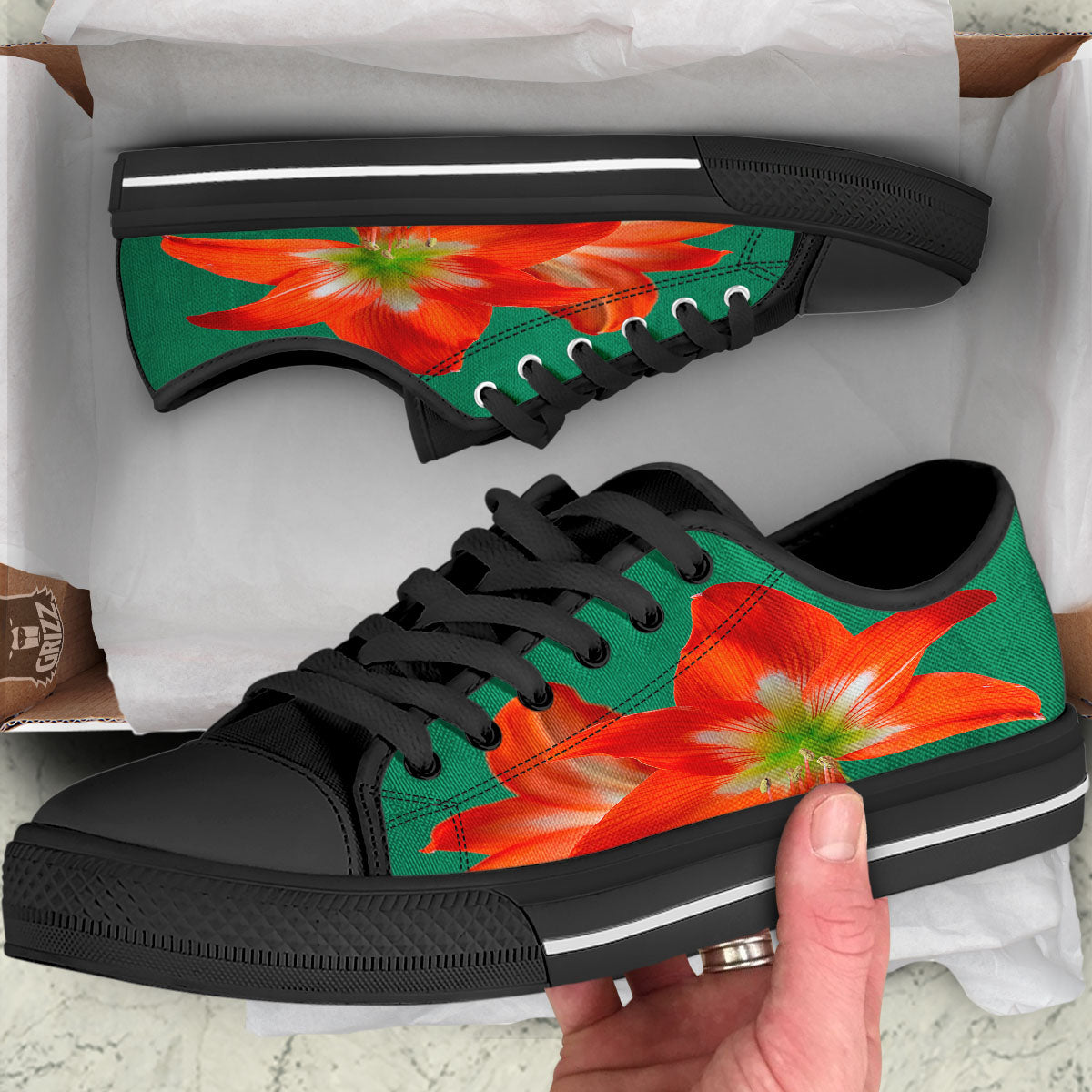 Amaryllis Orange Print Black Low Top Shoes-grizzshop
