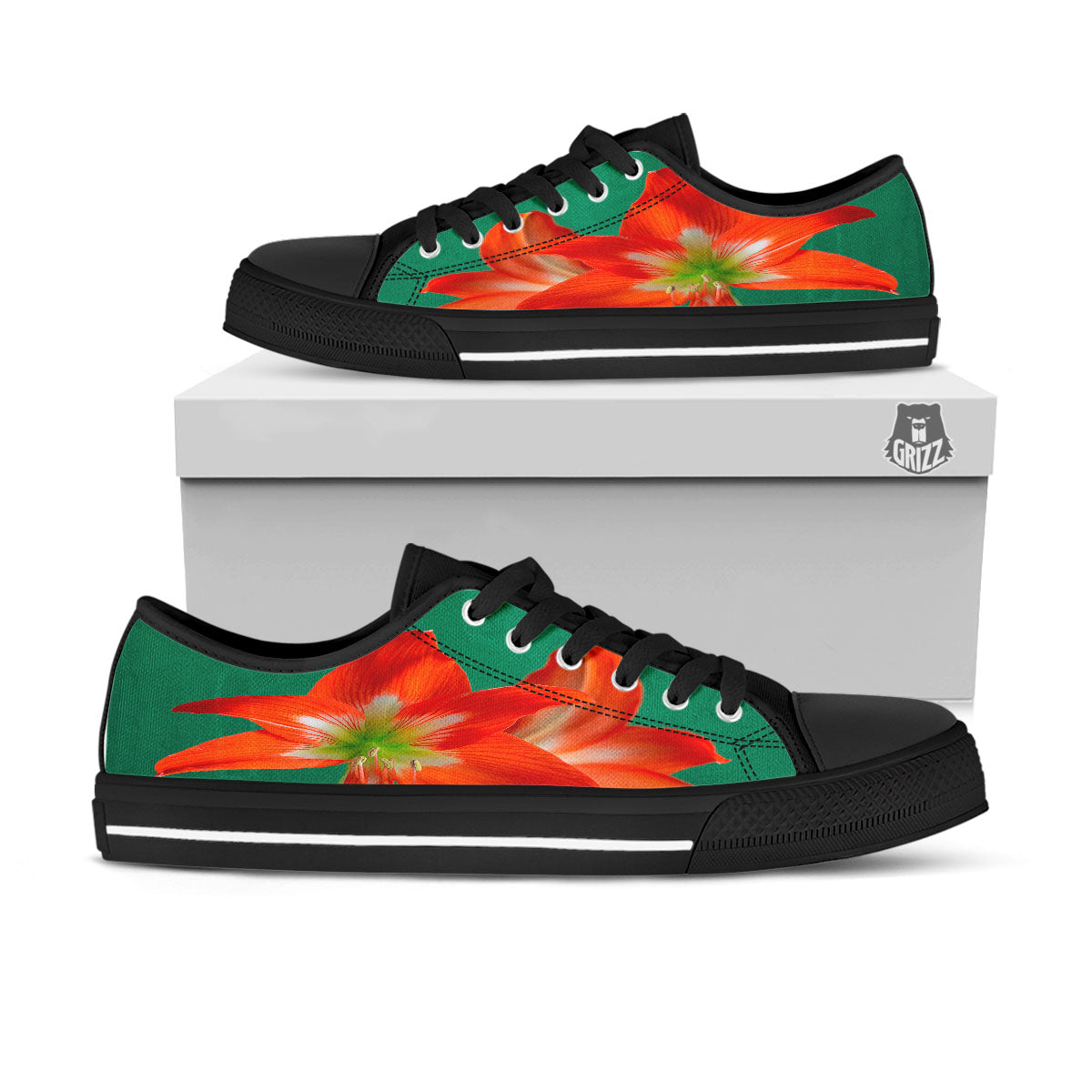 Amaryllis Orange Print Black Low Top Shoes-grizzshop