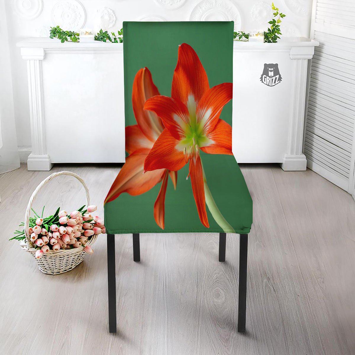 Amaryllis Orange Print Dining Chair Slipcover-grizzshop