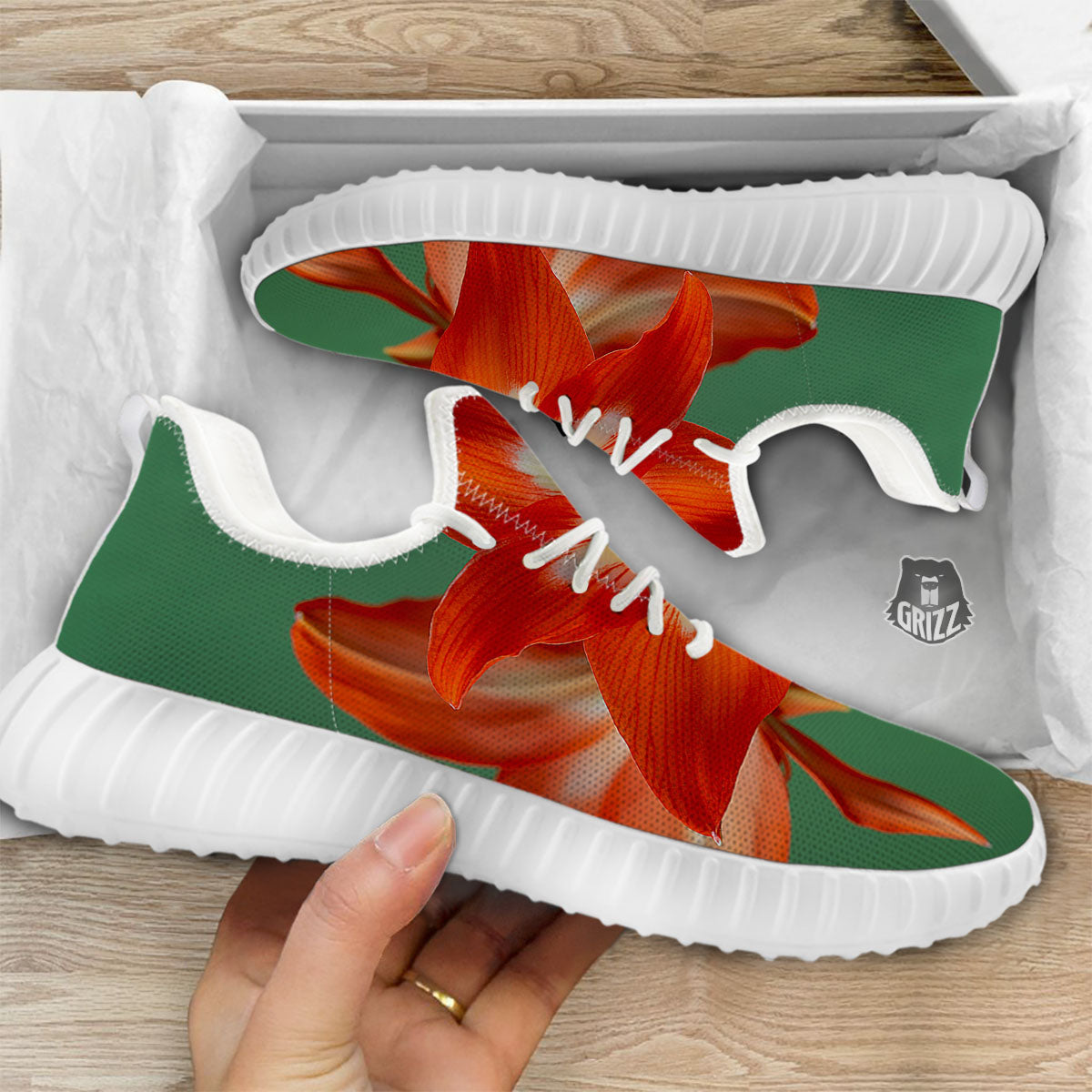 Amaryllis Orange Print White Walking Shoes-grizzshop