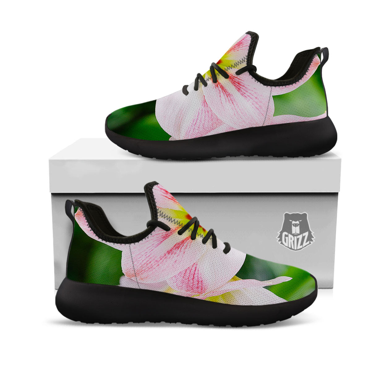 Amaryllis Pink And White Print Black Athletic Shoes-grizzshop