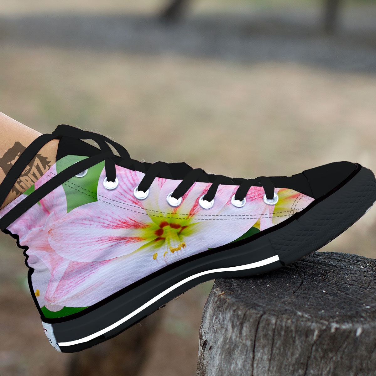 Amaryllis Pink And White Print Black High Top Shoes-grizzshop