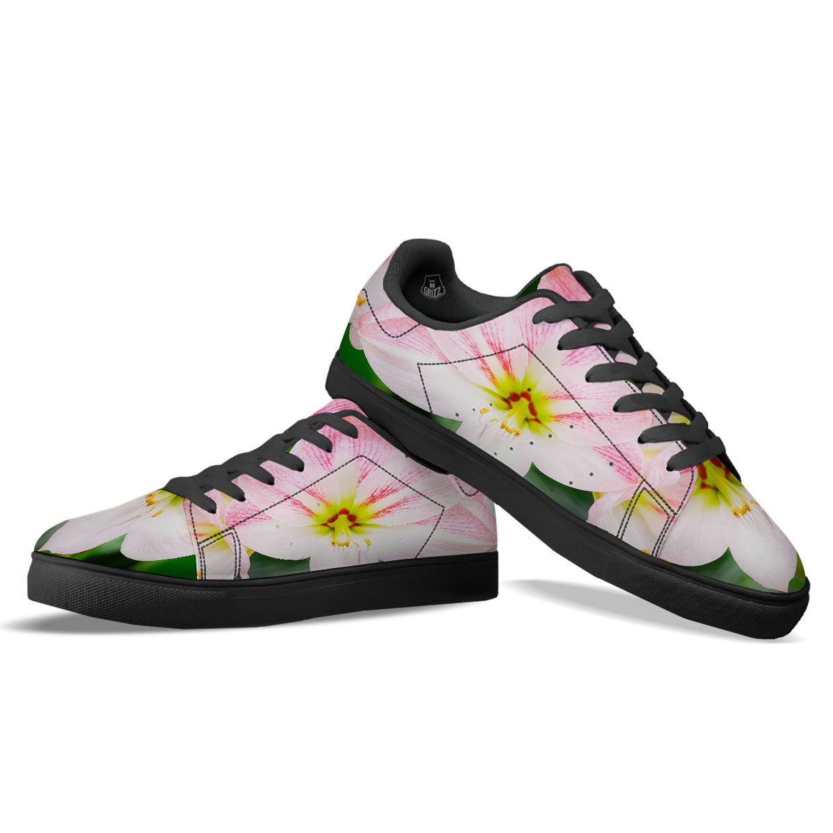 Amaryllis Pink And White Print Black Low Top Sneakers-grizzshop