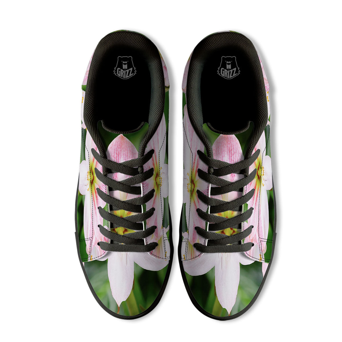 Amaryllis Pink And White Print Black Low Top Sneakers-grizzshop
