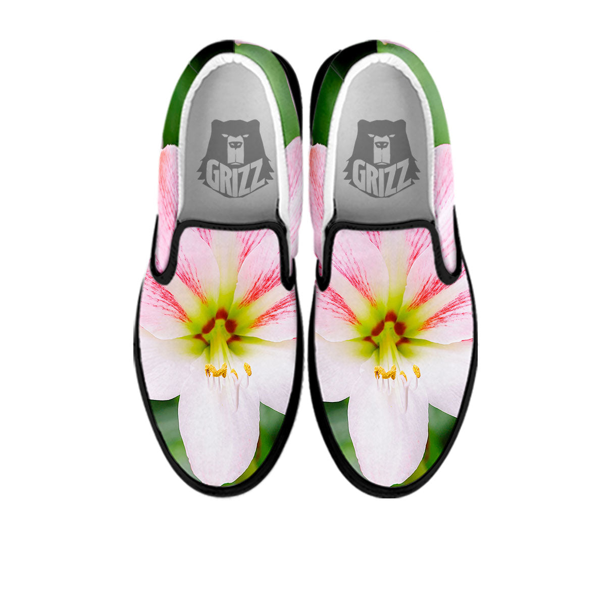 Amaryllis Pink And White Print Black Slip On Shoes-grizzshop