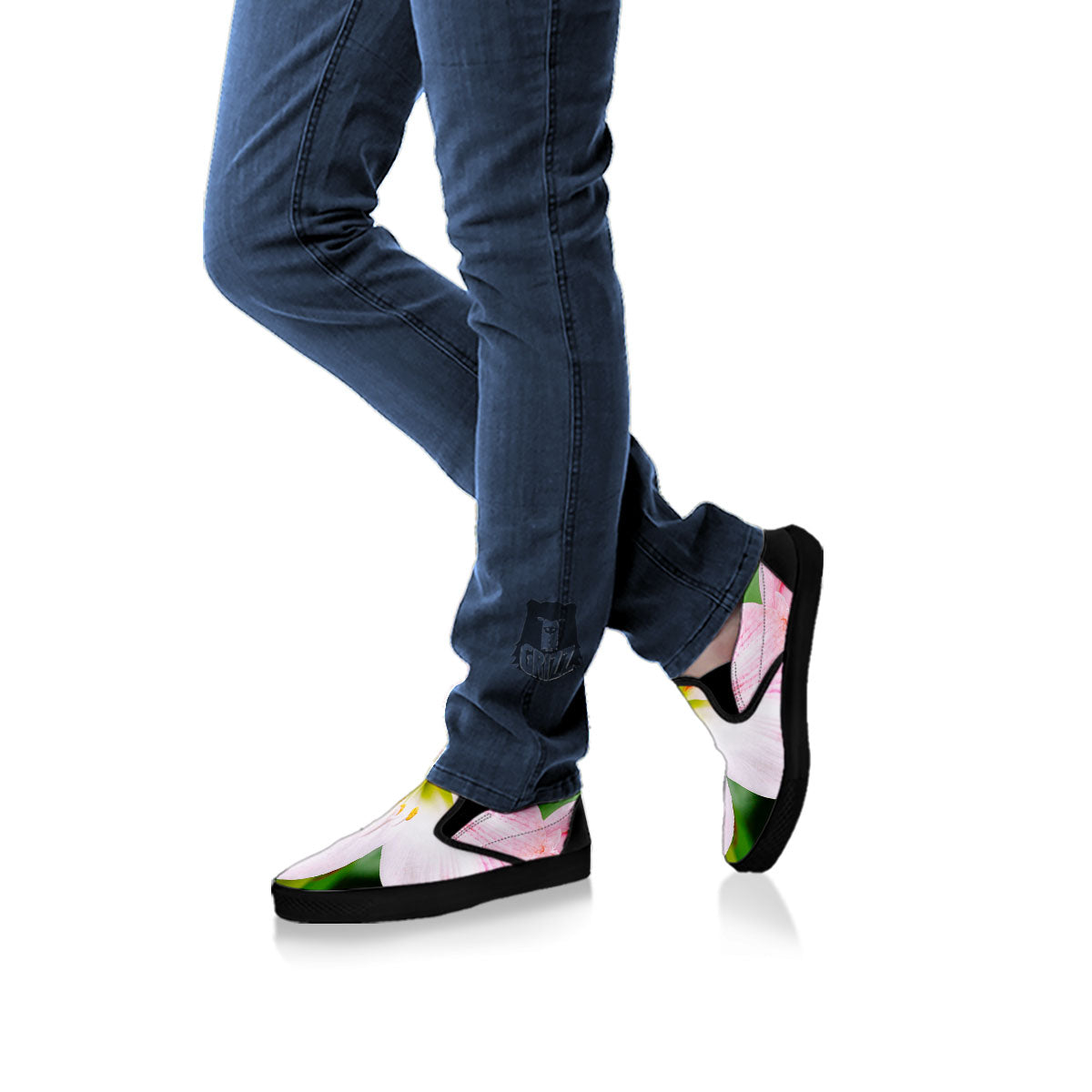 Amaryllis Pink And White Print Black Slip On Shoes-grizzshop