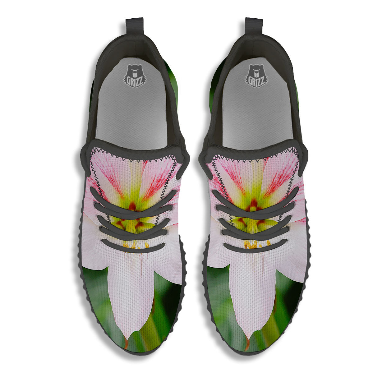 Amaryllis Pink And White Print Black Walking Shoes-grizzshop