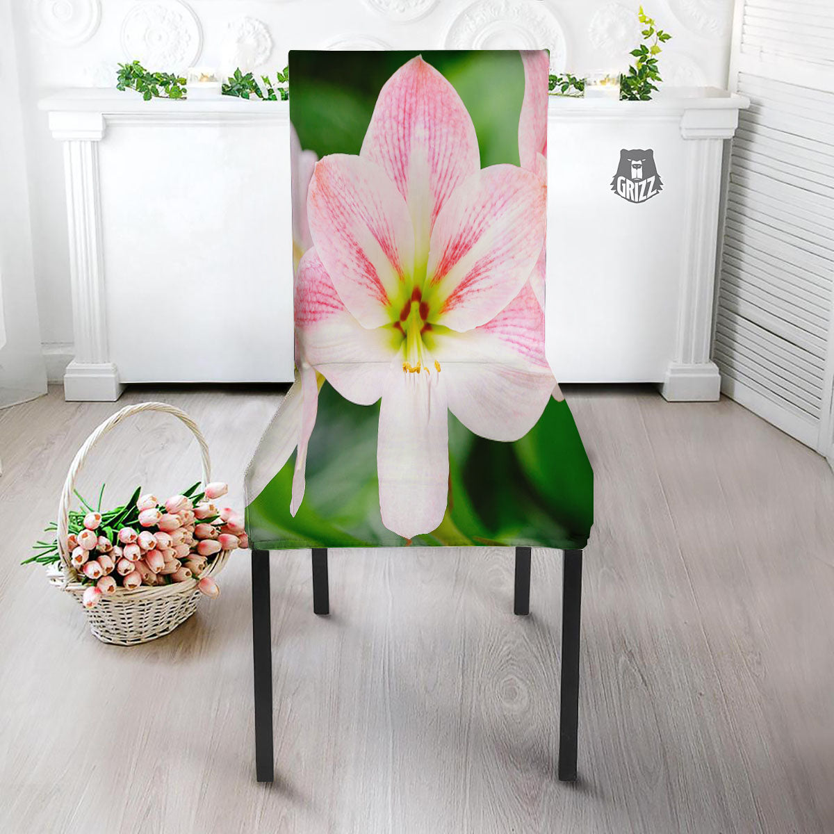 Amaryllis Pink And White Print Dining Chair Slipcover-grizzshop