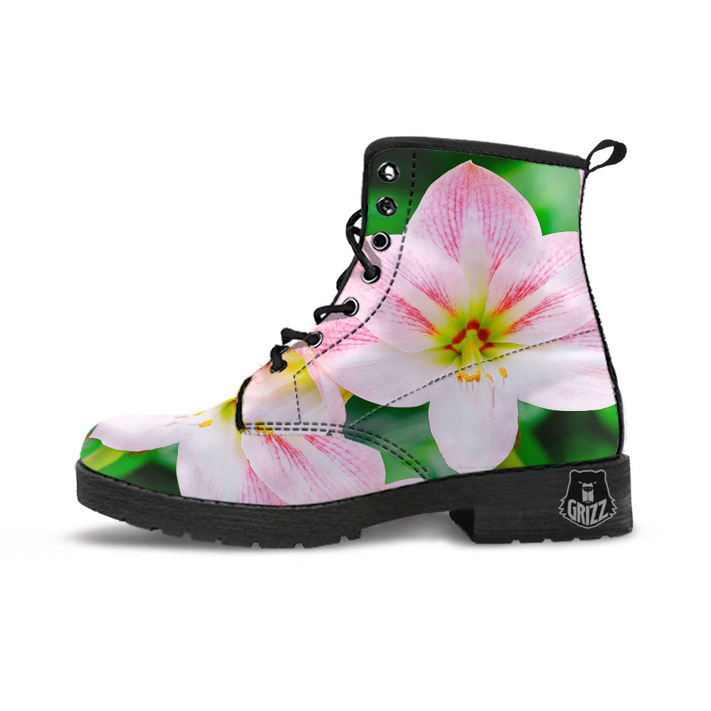 Amaryllis Pink And White Print Leather Boots-grizzshop