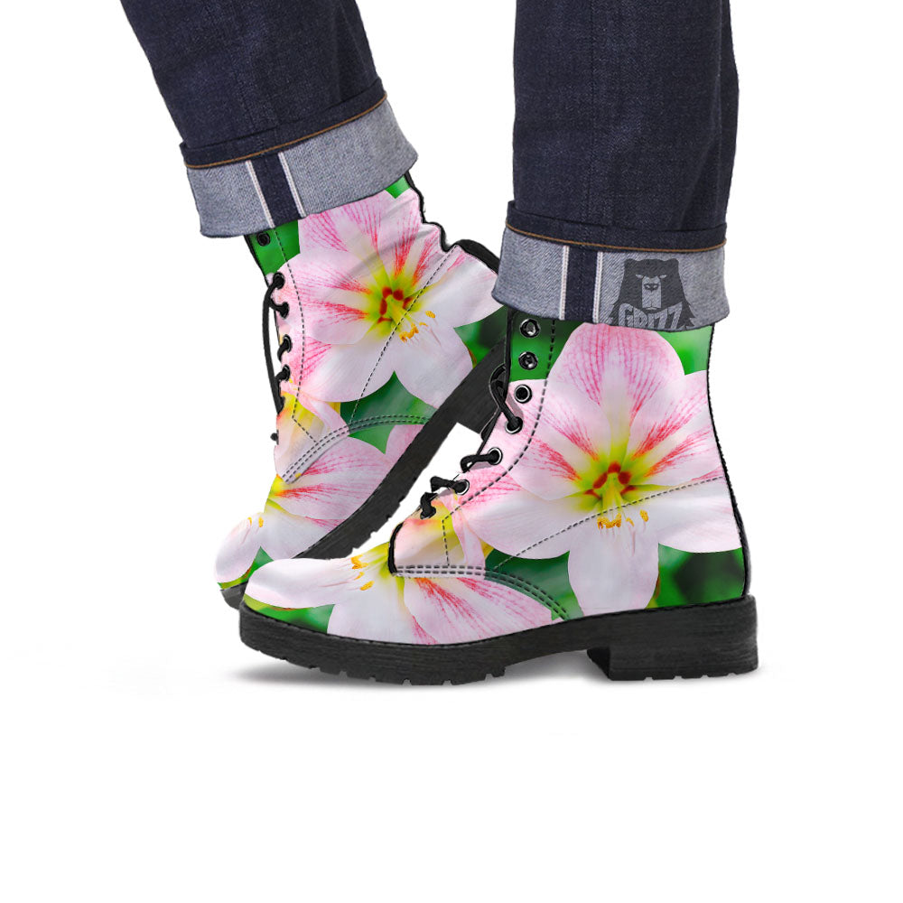 Amaryllis Pink And White Print Leather Boots-grizzshop
