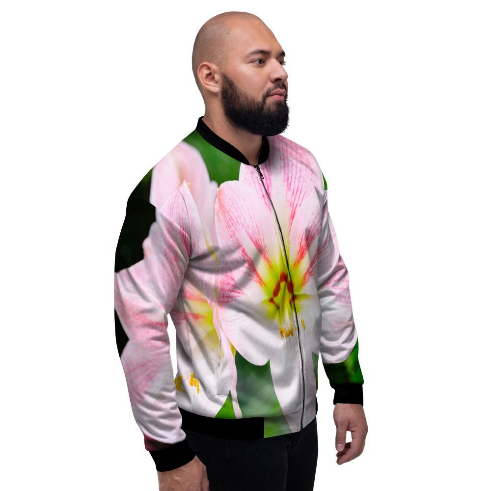 Amaryllis Pink And White Print Men's Bomber Jacket-grizzshop