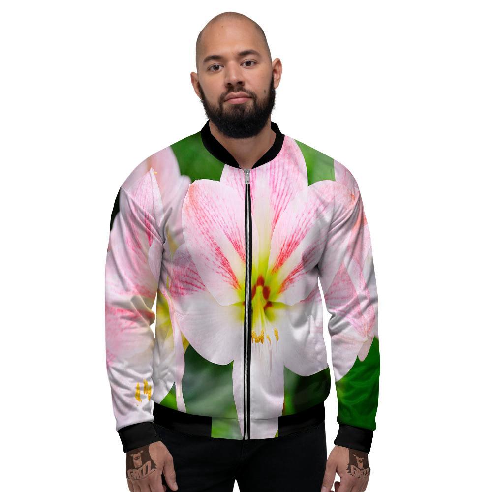 Amaryllis Pink And White Print Men's Bomber Jacket-grizzshop