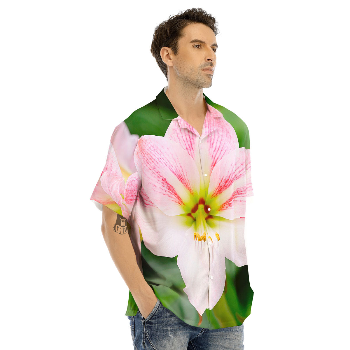 Amaryllis Pink And White Print Men's Hawaiian Shirt-grizzshop