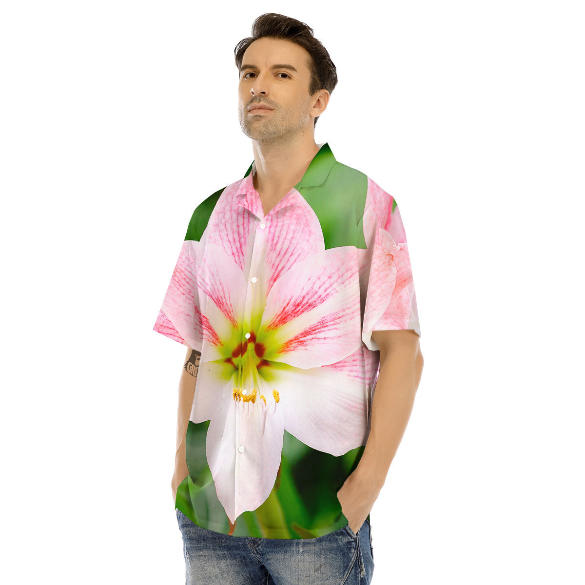 Amaryllis Pink And White Print Men's Hawaiian Shirt-grizzshop