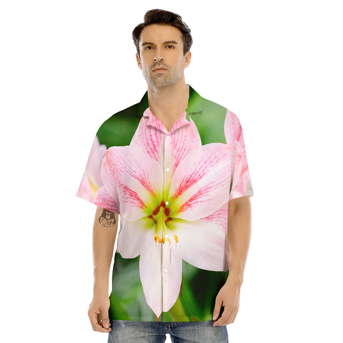 Amaryllis Pink And White Print Men's Hawaiian Shirt-grizzshop