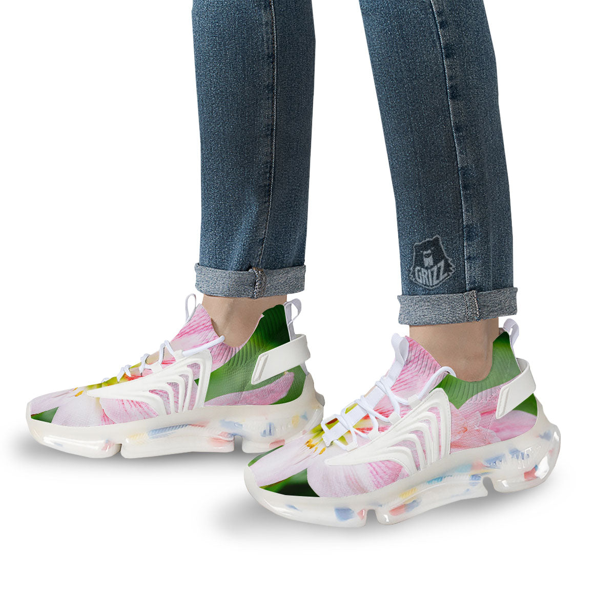 Amaryllis Pink And White Print White Gym Shoes-grizzshop