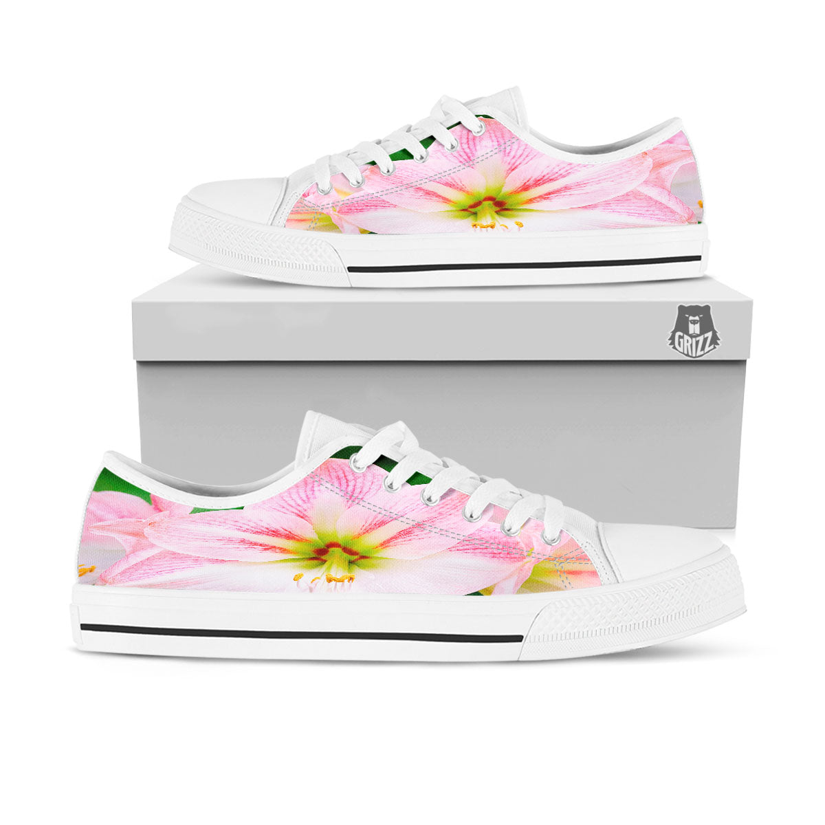 Amaryllis Pink And White Print White Low Top Shoes-grizzshop