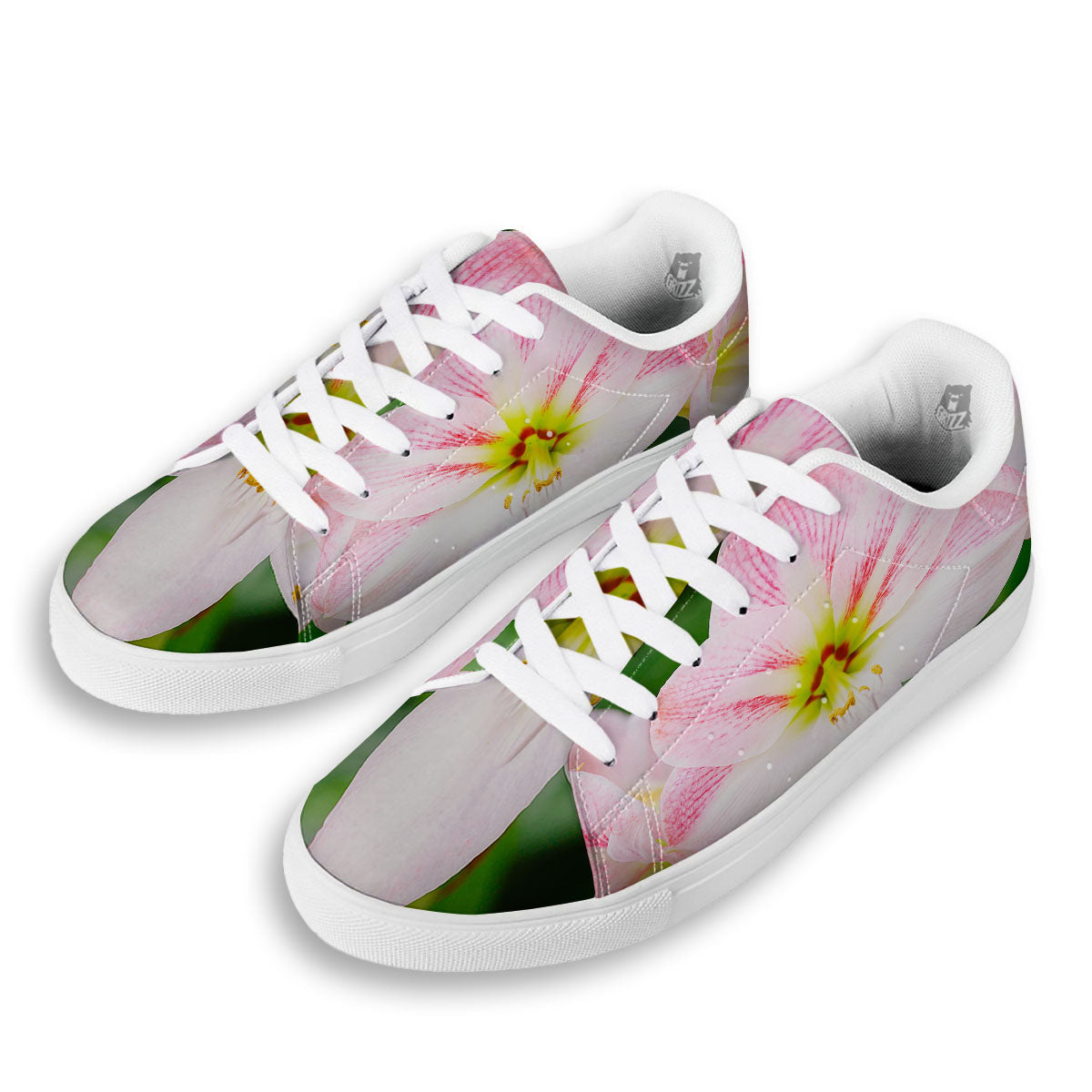 Amaryllis Pink And White Print White Low Top Sneakers-grizzshop