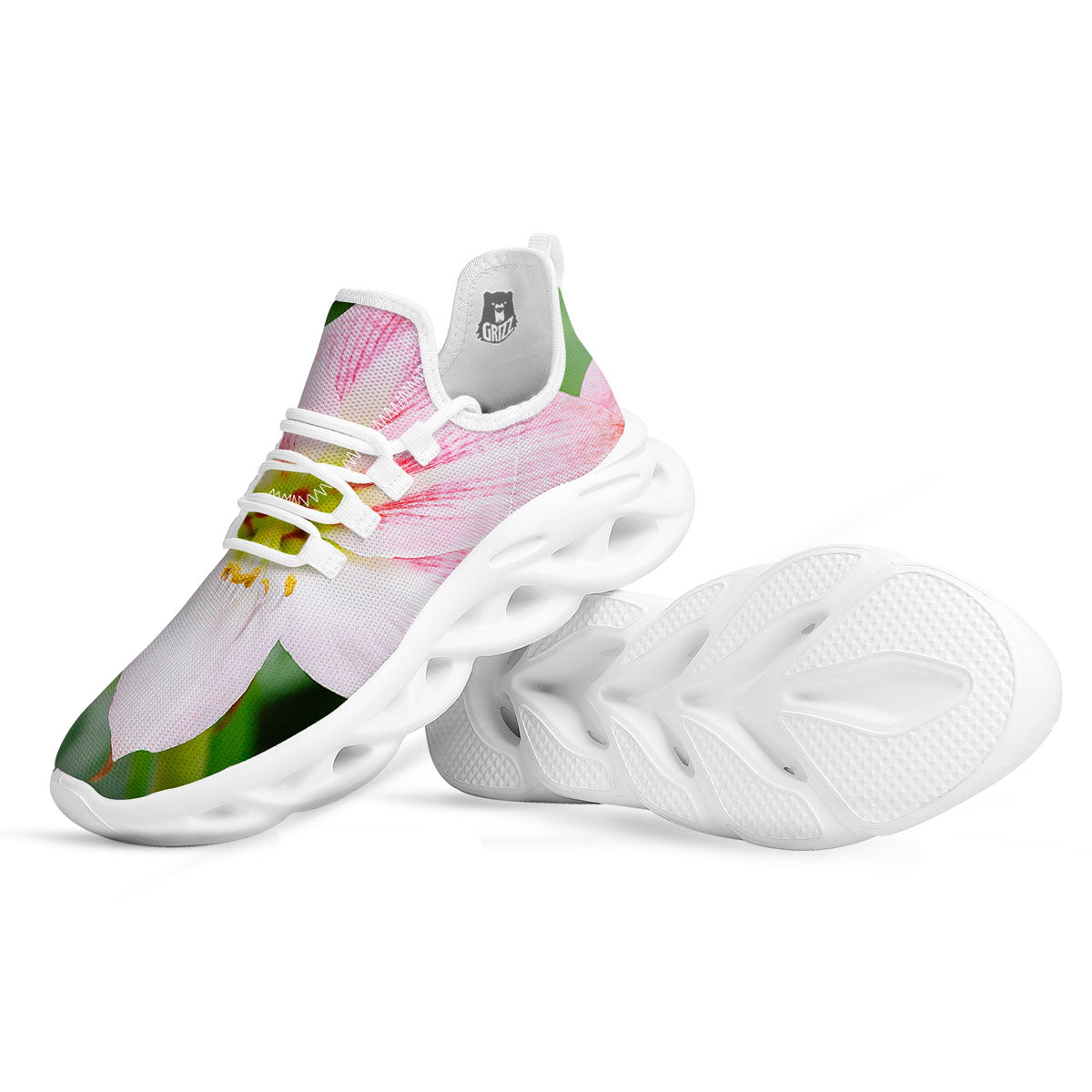 Amaryllis Pink And White Print White Running Shoes-grizzshop