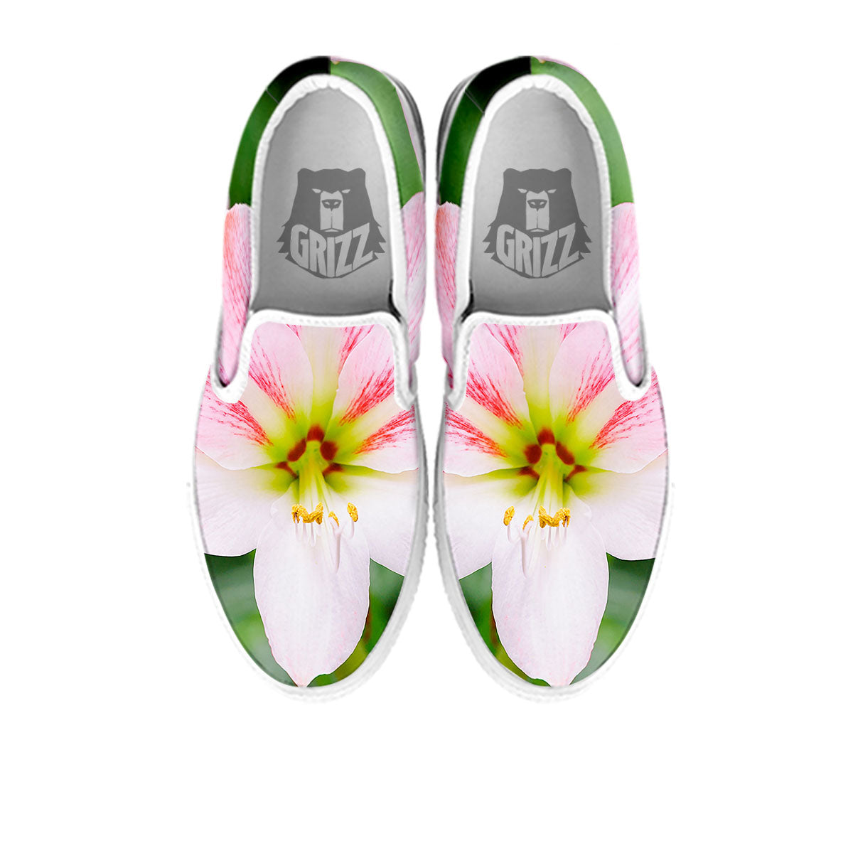 Amaryllis Pink And White Print White Slip On Shoes-grizzshop