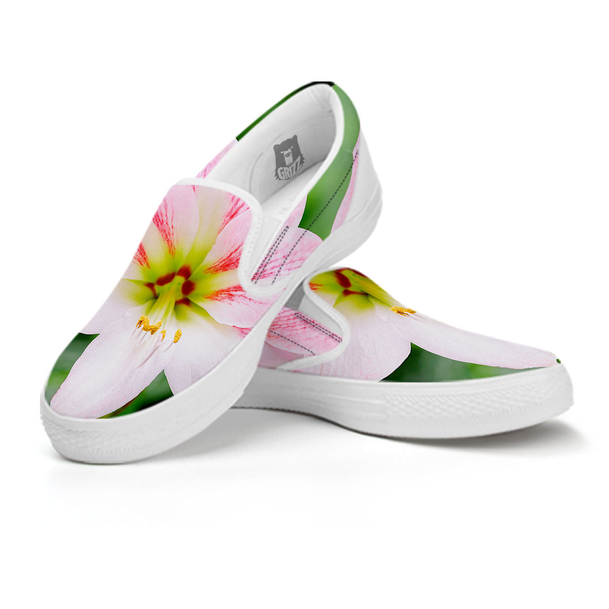 Amaryllis Pink And White Print White Slip On Shoes-grizzshop