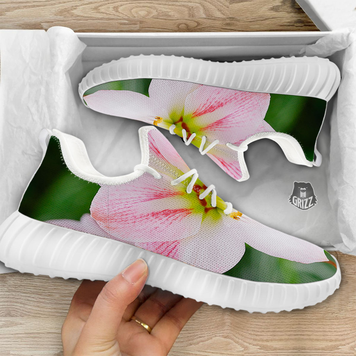 Amaryllis Pink And White Print White Walking Shoes-grizzshop