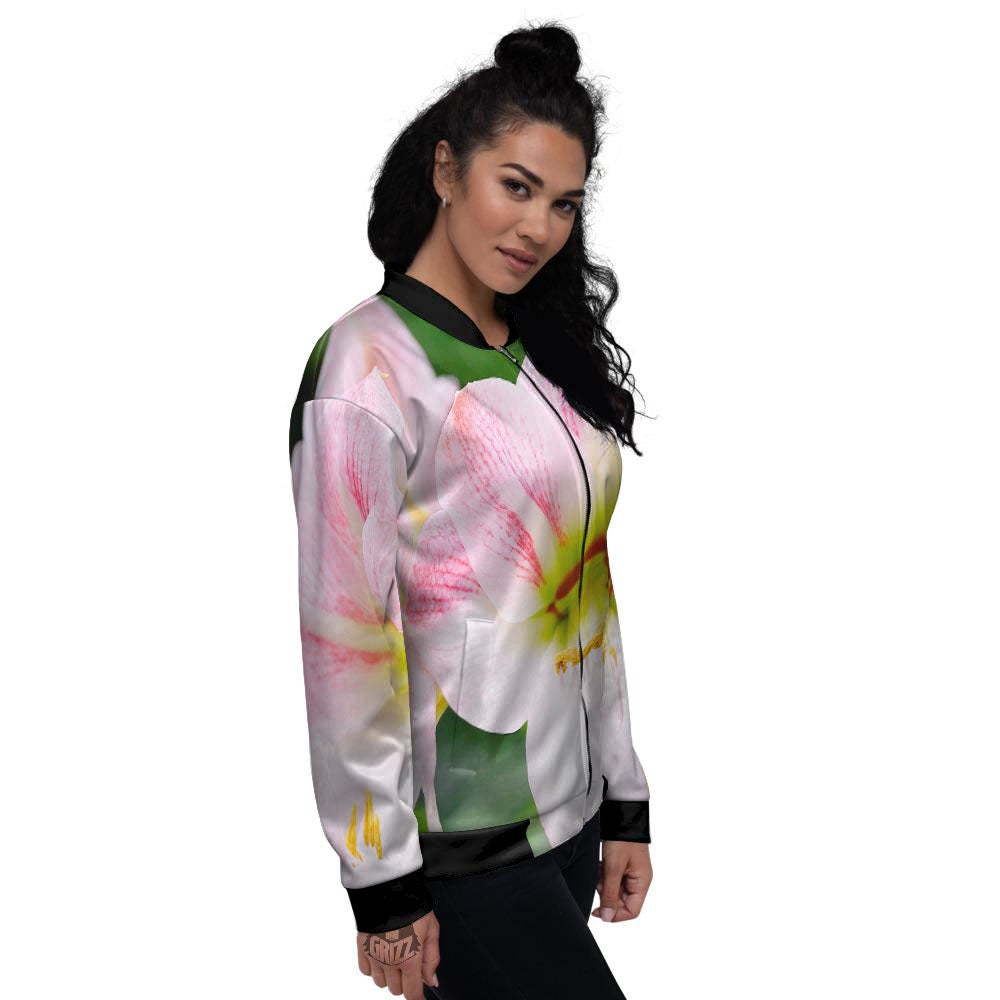 Amaryllis Pink And White Print Women's Bomber Jacket-grizzshop