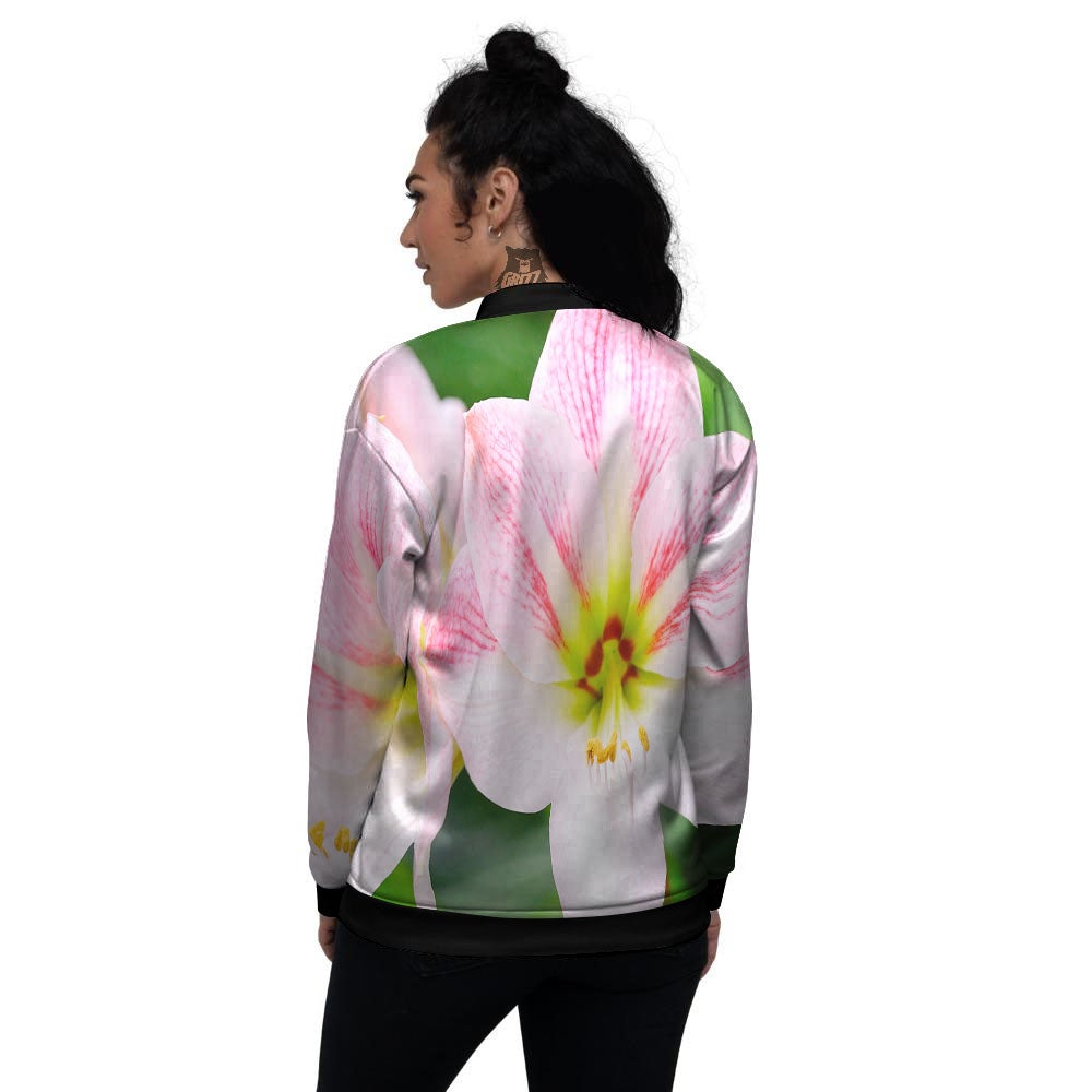 Amaryllis Pink And White Print Women's Bomber Jacket-grizzshop
