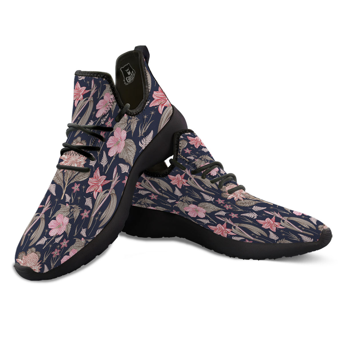 Amaryllis Pink Print Pattern Black Athletic Shoes-grizzshop