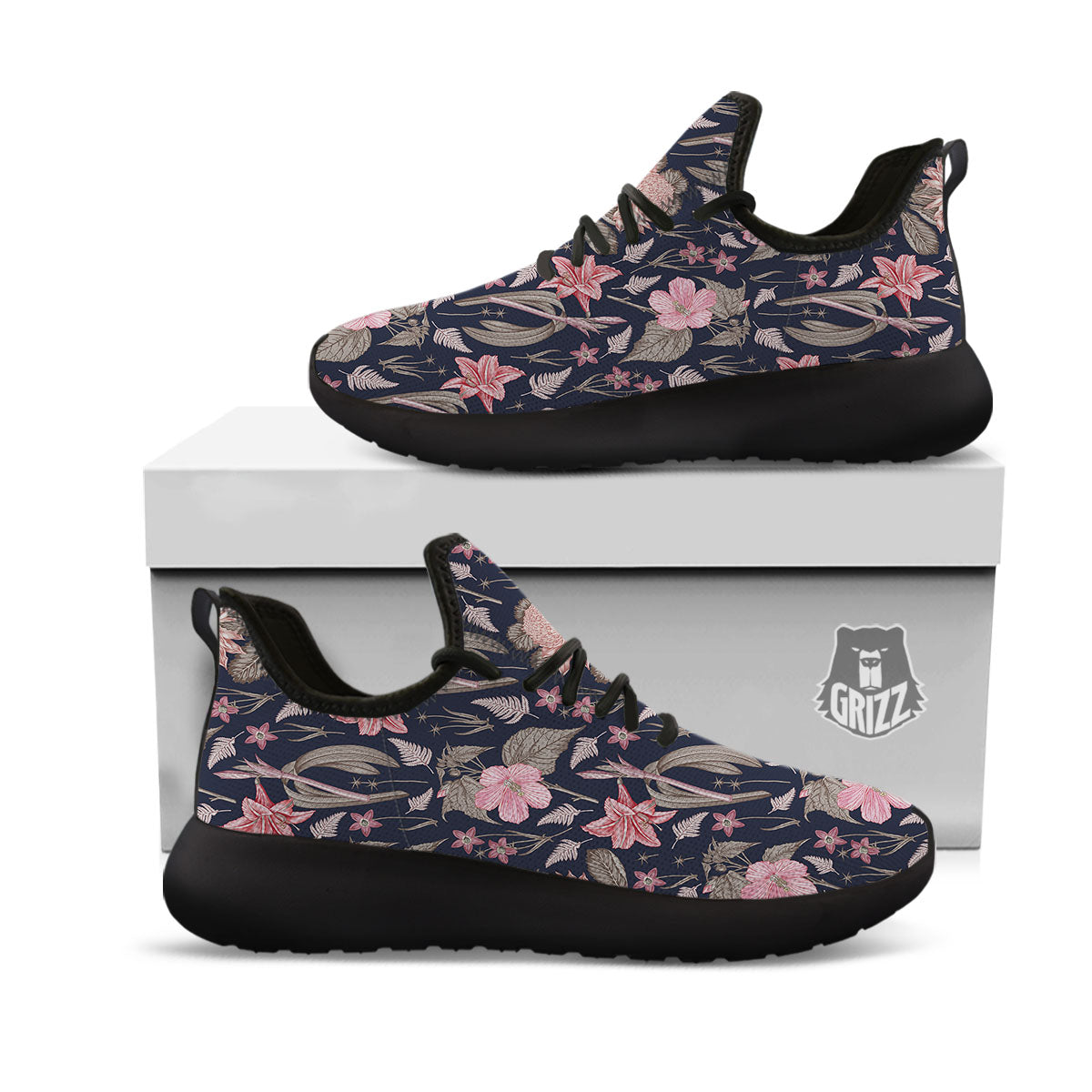 Amaryllis Pink Print Pattern Black Athletic Shoes-grizzshop