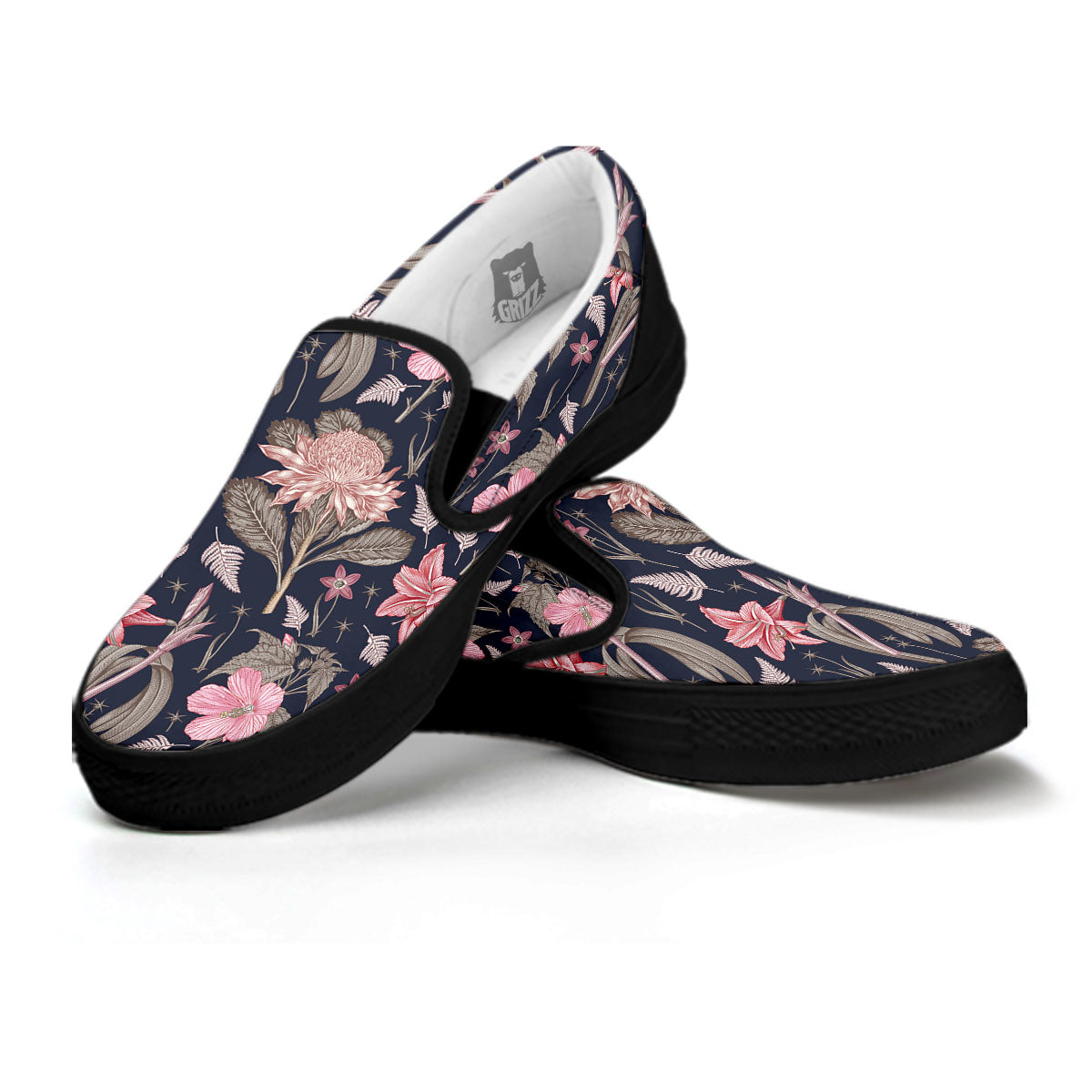 Amaryllis Pink Print Pattern Black Slip On Shoes-grizzshop