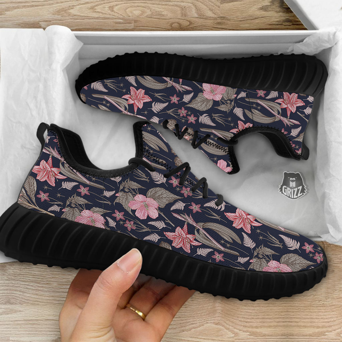 Amaryllis Pink Print Pattern Black Walking Shoes-grizzshop