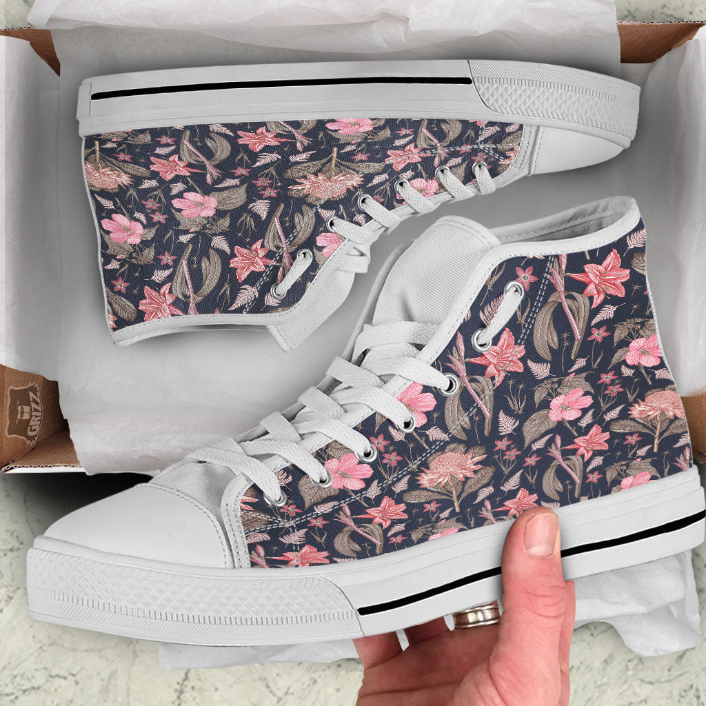 Amaryllis Pink Print Pattern White High Top Shoes-grizzshop